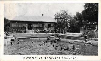 1941 Erdőváros (Erdőkertes), strand, fürdőzők. Özv. Farkas Károlyné trafikos kiadása, Fekete fényképész felvétele
