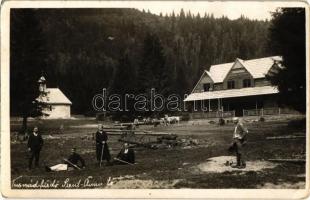 Tusnádfürdő, Baile Tusnad; Szent Anna tó, menedékház, faszállítás ökrös fogattal, kápolna, turisták sétabottal / Lacul Sfanta Ana / lake, chalet, timber transporting with ox cart, chapel, tourists, hikers with canes. photo