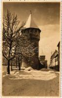 1933 Nagyszeben, Hermannstadt, Sibiu; Alt-Hermannstadt, Harteneck-Gasse / Sibiul de odinioara, Strada Harteneck / Harteneck utca és torony / street view, tower. Fot. Orig. E. Fischer (EK)