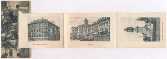 1908 Miskolc, Kossuth szobor. leporellolap belül színház, adóhivatal MÁV üzletvezetőség (fl)