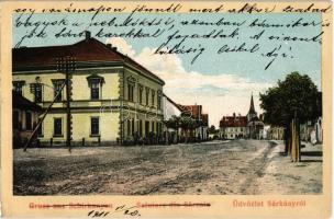 1911 Sárkány, Schirkonyen, Sercaia; Fő tér, Evangélikus templom, utca. Kiadja F. Schnell / main square, Lutheran church, street (EK)
