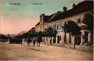 Szentgyörgy, Sankt Georgen, Svaty Jur pri Bratislave, Sväty Jur; Közép utca, Városháza, üzlet, katonák az úton. Kiadja Fischhof István / street view, town hall, shop, K.u.K. soldiers on the road