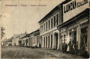 Borgóprund, Prundu Bargaului; Strada principala / Fő utca, Luncan szálloda, Sajovics Izidor üzlete / main street, hotel, shop (EB)