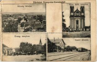 Veszprémvarsány, Római katolikus és evangélikus templom, vasútállomás, vonat