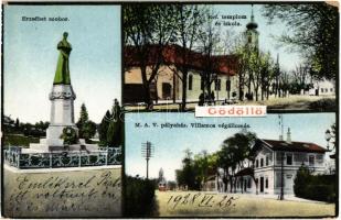 1928 Gödöllő, Erzsébet szobor, Református templom és iskola, MÁV pályaház vasútállomás és villamos végállomás. Heisler Ferenc kiadása