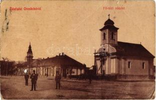 1910 Orosháza, Fő tér, templom állványzattal, üzlet. W.L. 1618.. (lyuk / hole)
