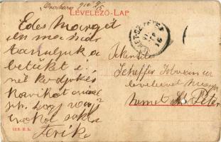 1910 Orosháza, Fő tér, templom állványzattal, üzlet. W.L. 1618.. (lyuk / hole)