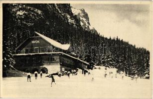 Tátra, Magas Tátra, Vysoké Tatry; Hotel Kamzík / Hotel Gemse / Zerge szálloda, síelők, téli sport / hotel, winter sport, skiing (Rb)