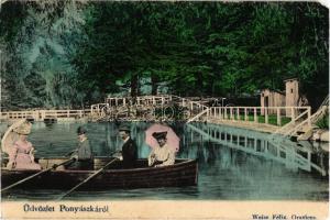 1905 Ponyászka, Poneasca (Bozovics, Bozovici); park, tó csónakázókkal. Kiadja Weisz Félix / park, lake with rowing boat (EM)