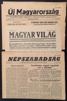 1956 Vegyes 1956-os nyomtatvány tétel, kb. 40 db, nagyrészt újságok, Népszabadság (9db), Irodalmi Újság (8db), Népszava (2db), Népakartat (2 db), Magyar Függetlenség (3db), Igazság (2db), Szabad Nép (3 db), Szabad Szó (1db), Magyar Honvéd (1db), Új Ember (1db), Hétfő Hírlap (1db), valamint Magyar Világ I. évf. 1. sz. (1956. nov. 1.), Új Magyarország I. évf. 1. sz. (1956. nov. 2.), valamint röplapok és egyéb nyomtatványok, közte: MDP Központi vezetőségének nyilatkozata a magyar néphez. 1956. okt. 26., a budapesti szovjet katonai egységek 1. sz. parancsa 1956. nov. 6., Heti Műsor IX. évf. 41. sz., valamint 3 jegyzetlap.