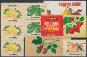 9 db zöldség és gyümölcs levélzáró bélyeg, benne összefüggések (uborka, paprika, őszibarack, stb
