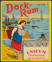 cca 1940 Dock-Rum italcímke, Unicum Likőrgyár, Bp., Offset Nyomda, kis szakadással,10x12 cm