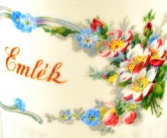 Zsolnay virágos emlékbögre, matricás, jelzett, kopásokkal, d: 8 cm