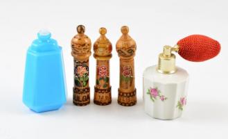 Kis parfümös üvegcsék (üveg/porcelán) és díszes fa rózsavíztartók