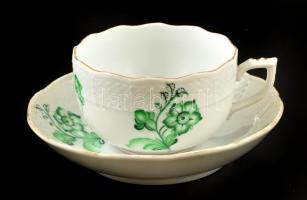 Herendi zöld virágmintás porcelán teás csésze + alj, kézzel festett, jelzett, kis kopásnyomokkal