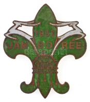 1933. Jamboree zöld-fehér zománcozott cserkész kitűző (36x32mm) T:2 tű hiányzik Hungary 1933. Jamboree white-green enamelled Scouting pin (36x32mm) C:XF pin missing