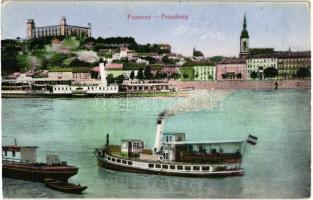 1915 Pozsony, Pressburg, Bratislava; vár, "Országház" gőzüzemű csavaros személyhajó / castle, Hungarian screw propelled passenger steamer