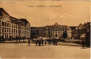 1910 Lőcse, Levoca; Erzsébet tér, M. kir. Főreáliskola, építkezés. Kiadja Braun Fülöp / square, school, construction site (kis szakadás / small tear)