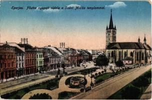 Eperjes, Presov; Fő utca nyugati oldala a Szent Miklós templommal, üzletek / main street, church, shops (fl)