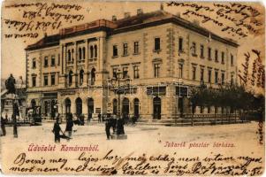 1905 Komárom, Komárno; Takarékpénztár bérháza, Gyógyszertár, Könyvnyomda, üzletek. E. D. K. 21. / savings bank, pharmacy, printing house, shops (lyukak / holes)