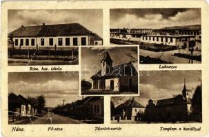 Nána, Római katolikus iskola, Fő utca, laktanya, templom és kastély, tűzoltószertár / school, main street, military barracks, church, castle, fire station (fa)