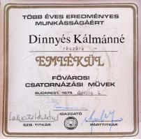 1979. "Fővárosi Csatornázási Művek / Kiváló Vállalat" Br emlékérem, adományozói okirattal,...