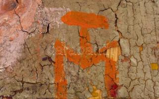 TM jelzéssel: Kompozíció. Vegyes technika, farost, sérült, festék lepattanásokkal, 48×39 cm