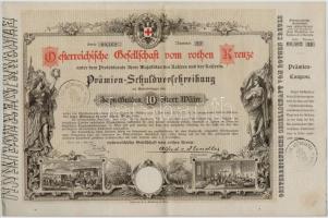 Ausztria / Bécs 1882. Osztrák Vöröskereszt kötvénye 10G értékben, szárazpecséttel, M. KIR. ADÓHIVATAL SOPRONBAN felülbélyegzéssel T:III szép papír