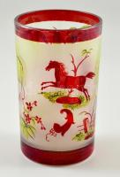 cca 1900 címeres emlék pohár hengeres két rétegű színtelen üveg, maratott, rubinpác festéssel, "...