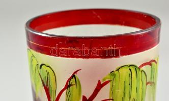 cca 1900 címeres emlék pohár hengeres két rétegű színtelen üveg, maratott, rubinpác festéssel, "...