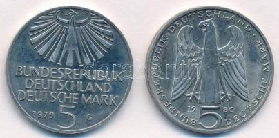 NSZK 1979G 5M Cu-Ni "Otto Hahn születésének 100. évfordulója" + 1980D 5M Cu-Ni "von d...