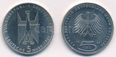 NSZK 1980F 5M Cu-Ni "Kölni Katedrális 100. évfordulója" + 1981J 5M Cu-Ni "Gotthold Ep...