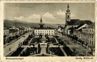 Máramarossziget, Sighetu Marmatiei; Horthy Miklós tér, üzletek / square, shops (fa)