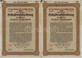 Német Harmadik Birodalom 1938. A Német Birodalom 4 1/2%-os kölcsön kötvény 100M-ről (3x) sorszámkövetők, szelvényekkel T:III,III- German Third Reich 1938. 4 1/2% Anleihe des Deutschen Reichs 100 Mark (3x) sequential serials with coupons C:F,VG
