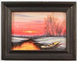 Jelzés nélkül: Csónak a naplementében. Olaj, karton, fa keretben, 11×16 cm