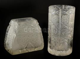 Ólomkristály váza, 2 db, metszett, karcolásokkal, csorbákkal, m: 11 és 17 cm