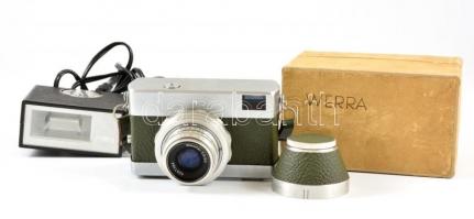 cca 1957 Carl Zeiss Werra kisfilmes fényképezőgép, Novonar 50mm F/3,5 objektívvel, eredeti tokjában, leírással, működőképes, szép állapotban + Elgawa vaku, nem kipróbált / Vintage German film camera, in good condition, with original box + flash