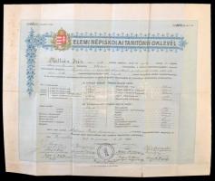 1914 Elemi Népiskolai Tanítónői Oklevél címeres, díszes kivitelben, 1 K illetékbélyeggel, hiánytalan...