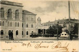 1901 Sopron, Széchenyi tér és szobor, villamos, kaszinó. Blum N.