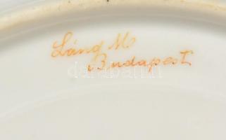 Porcelán tányér nemesi címerrel, kézzel festett, jelzett (Láng M. Budapest), kopásokkal, d: 24,5 cm