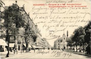 1907 Budapest VIII. Rákóczi út (Kerepesi út), Rókus kórház, templom, villamos, Köztisztviselők áruháza, Singer varrógép (EK)