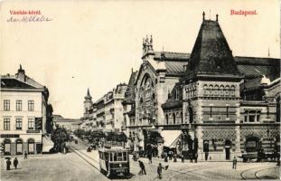 Budapest IX. Vámház körút, villamos, Vásárcsarnok, gyógyszertár, Nádor szálloda és kávéház. Divald Károly 214-1908.