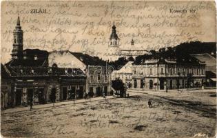 Zilah, Zalau; Kossuth tér, Venczel, Seres Lajos és Seres Samu, Éder M. és fia, Nagy Árpád üzlete, dohánybolt, Református és Katolikus templomok. Seres Samu saját kiadása / square, shops, tobacco shop, Calvinist and Catholic churches (fl)