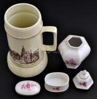 Hollóházi fedeles kis váza, ékszeres dobozka, korsó, matricás, jelzett, hibátlan, m:3-18 cm