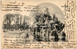1905 Budapest XIV. Városliget, Fontaine csoport, szökőkút. Divald Károly 366. sz. (ázott sarok / wet corner)