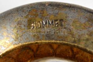 Zománcozott fém fűszertartó, üvegbetéttel, jelzett, d: 4 cm + kanálkával, h: 7 cm