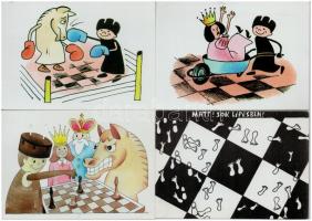 8 db MODERN sakk karikatúra motívumlap, Mészi / 8 modern Chess motive postcards with caricatures