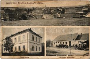 Horní Lodenice, Nemecká Lodenice, Deutsch Lodenitz; Volks-Schule, Gasthaus Kutschker / school, restaurant and guest house, horse carts (wet corner)