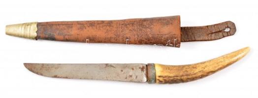 Agancsnyelű kés bőr tokban, h: 24 cm