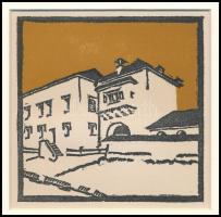 Kós Károly (1883-1977): Ház, színes linómetszet, papír, jelzés nélkül, paszpartuban, 11×11 cm